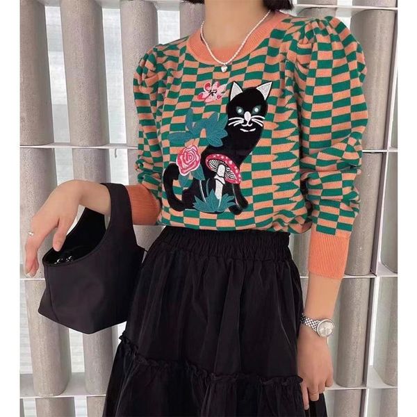 

women's sweaters knitted sweater pullovers women o-neck long sleeve cartoon cat plaid korean fashion casual vintage clothes mujer, White;black