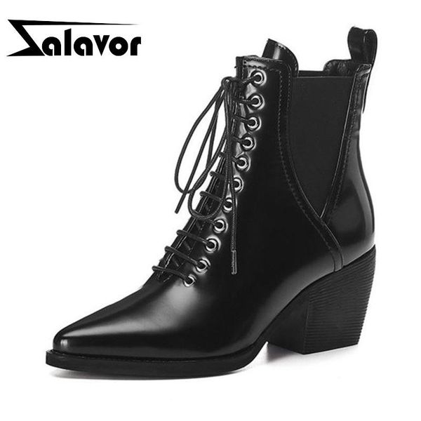 

boots zalover lady chunky heels ankle real leather winter pointed toe office brand cross strap short footwear size 33-42, Black