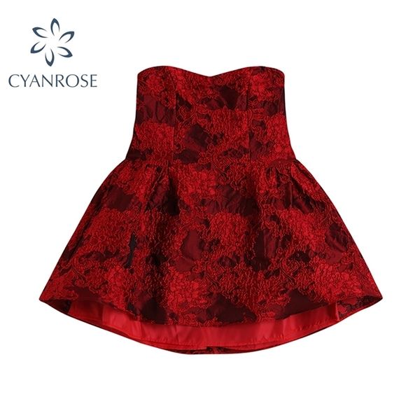 Rétro Jacquard bustier tubulaire robe Sexy pour les femmes d'été robes courtes rouge élégant tempérament taille haute dames vestidos 210515