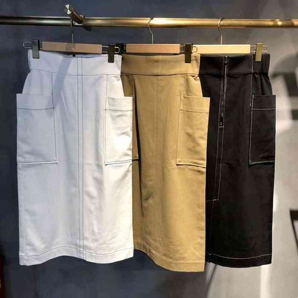 

temperament straight skirts women pockets decoration slim faldas mujer moda spring package hip feminino jupe 210514, Black
