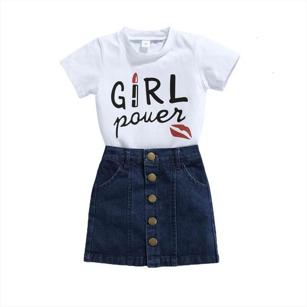 

1 6y fashion children kids girls 2pcs summer outfit letter short sleeve button denim skirts set kid clothes, White