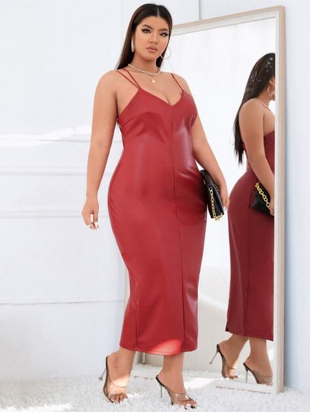 

plus split hem pu leather dress a3io#, Black