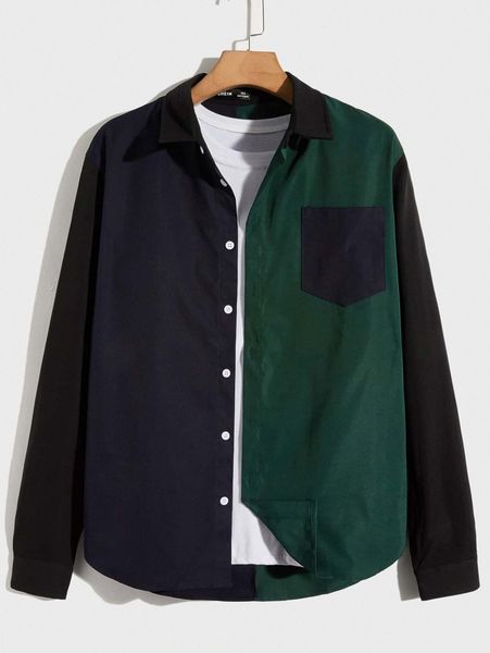 

men patch pocket colorblock shirt r8sb#, White;black