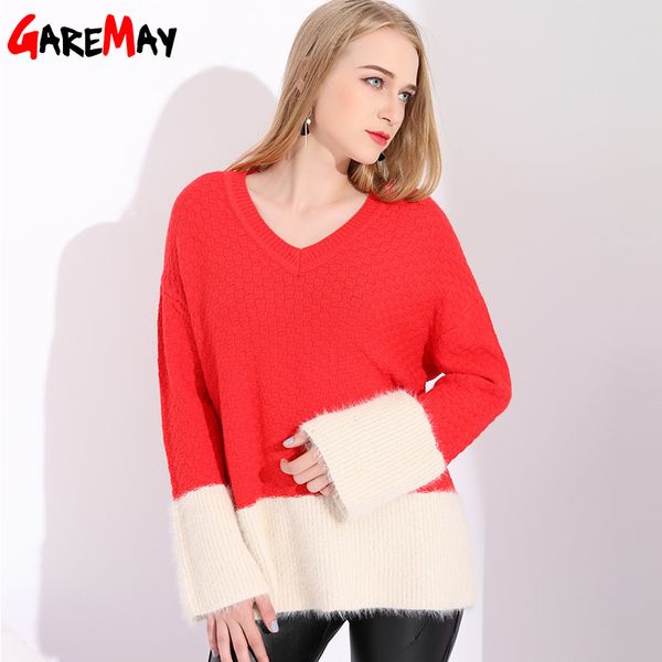 Женский мохаин вязаный свитер женские женские негабаритные свитеры и пуловеры V шеи свободные пэчворки красный 210428