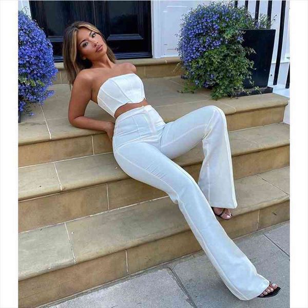 

2 pcs women solid color outfits boned strapless crop high waist flared pants, Gray