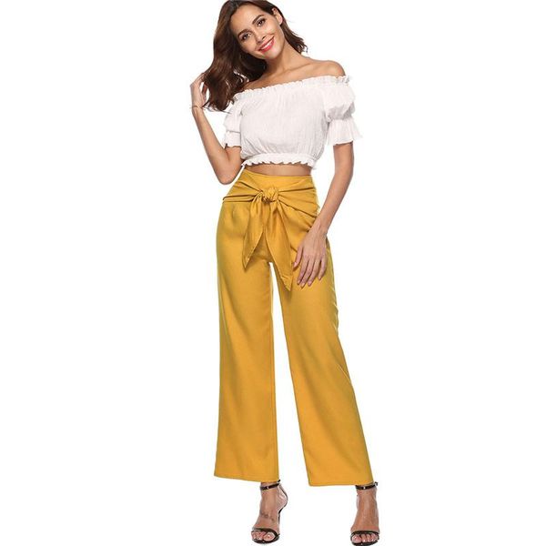 

women's pants & capris bowknot tie up wide leg women chic streetwear casual 2021 spring summer beach elastic trousers, Black;white