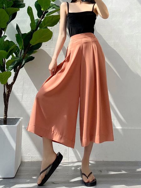 

women's loose chiffon capris pants summer high waist wide leg lady solid color a-line culottes korean fashion female 210514, Black;white
