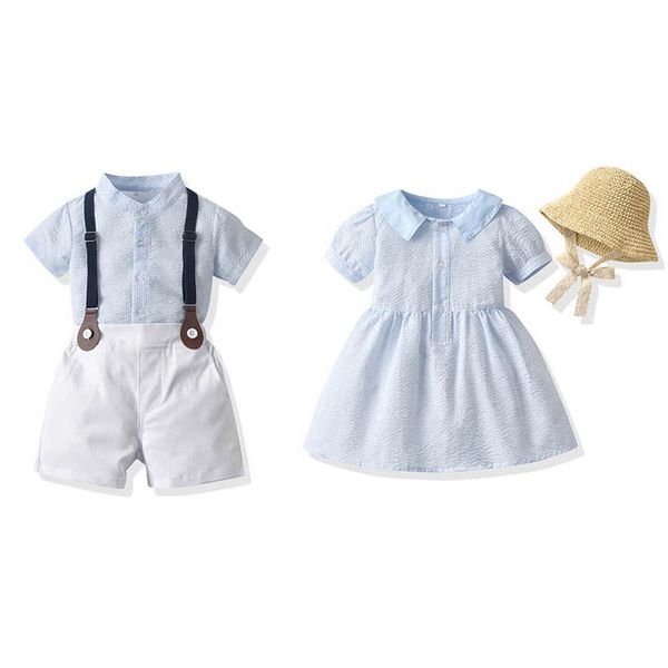 

kids clothing sets boys suits girls dresses children outfits summer striped short-sleeved shirt gentleman dress hats strappy pants shorts we, White