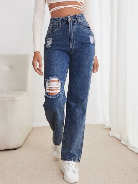 

high waist straight leg ripped jeans u6oo#, Blue