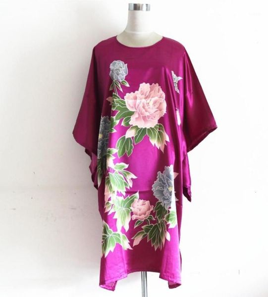 

women's sleepwear printed purple female silk rayon kimono classy flower robe bath gown chinese vintage home dress pajama nightgown plus, Black;red