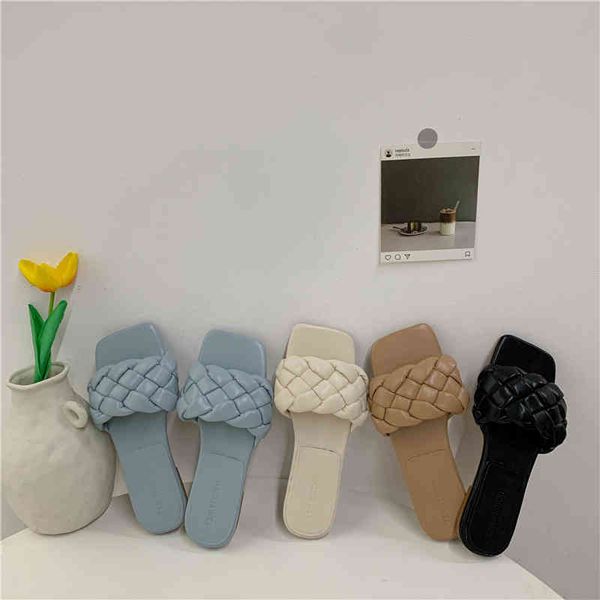 

flat casual shoes women slide 2new fashion weave slippers women square toe 021 summer flip flops beach sandal slippers female c0410, Black