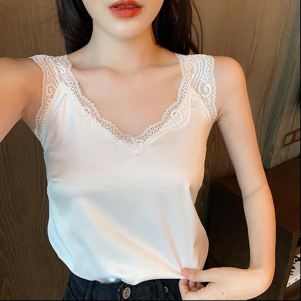 

satin summer white womens tanks v neck plus size xxxxl sleeveless lace tank female silk backless top