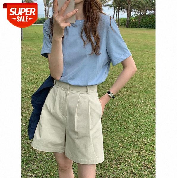 

tg solid color t-shirt women korean style round neck short-sleeved flanging design casual 13158 #7s9f, Black;gray