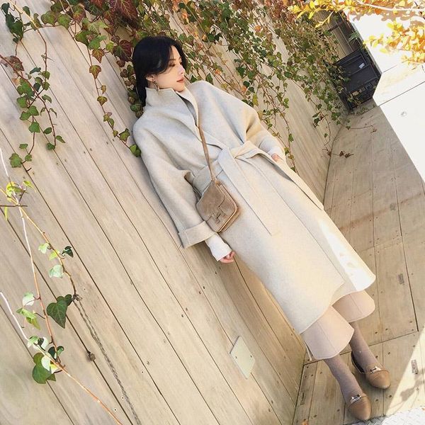

women's wool & blends 2021 autumn winter korean fashion woolen coat mid-length chic all-match retro thicken elegant woman woolens jacke, Black