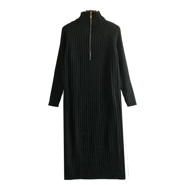 

casual dresses 2021 autumn winter knitted dress women sweaters half high collar zipper long woman pullover v1186, Black;gray