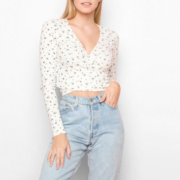 

women's t-shirt women self tie front wrap tee print floral v neck long sleeve two ways s877, White