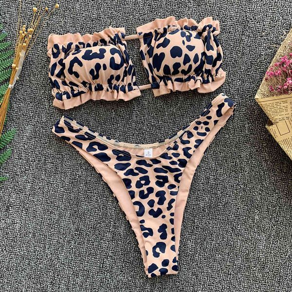 

new leopard ruffled thong bikini 2021 women bandeau swimsuit female swimwear two pieces bikini set hollow out bathing suiting