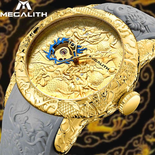 

megalith brand luxury men automatic mechanical watches gold dragon sculpture clock waterproof sil band erkek kol saati, Slivery;brown