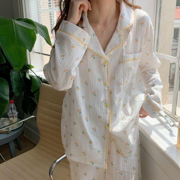 

women womens sleepwears bell cotton long sleeve pajamase set cherry home clothes lapel collar pocket shirts pants 2 piece sleepwear, Black;red
