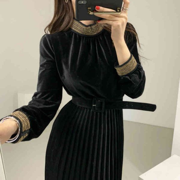 

casual dresses women spring elegant velvet stand collar long pleated dress sashes high waist full sleeve pullover midi pcj2, Black;gray