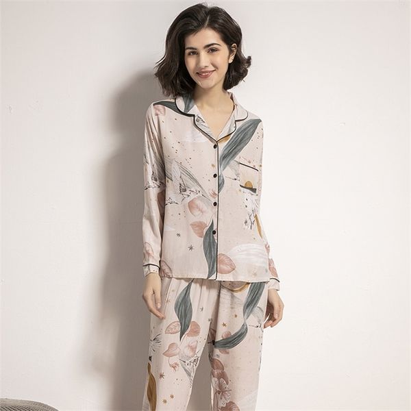 

starry sky and floral printed women pajamas set comfort cotton satin full sleeve homewear ladies tender casual wear for spring, Black;red