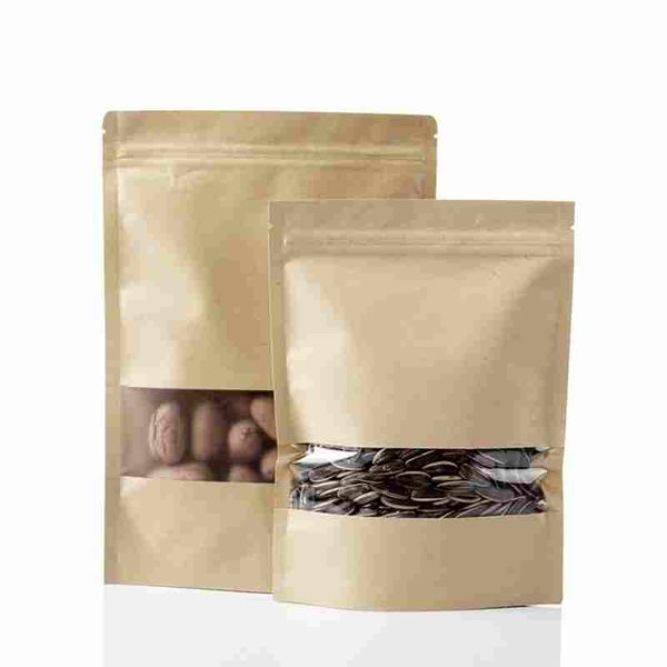 2021 Пищевые влагостойкие сумки оконные Сумки Коричневая крафт-бумага Doypack Poughate Ziplock Упаковка для закуски