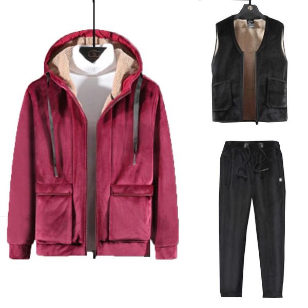 

men's tracksuits men warm three-piece suit 2021 winter fleece sets mens thick hoodies+vest +sweatpants man hooded sweatshirt 5xl 6xl, Gray