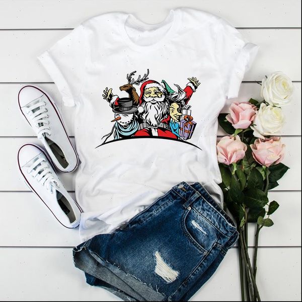 

summer fashion xmas santa womens t shirt snowman short sleeve graphic tee, White
