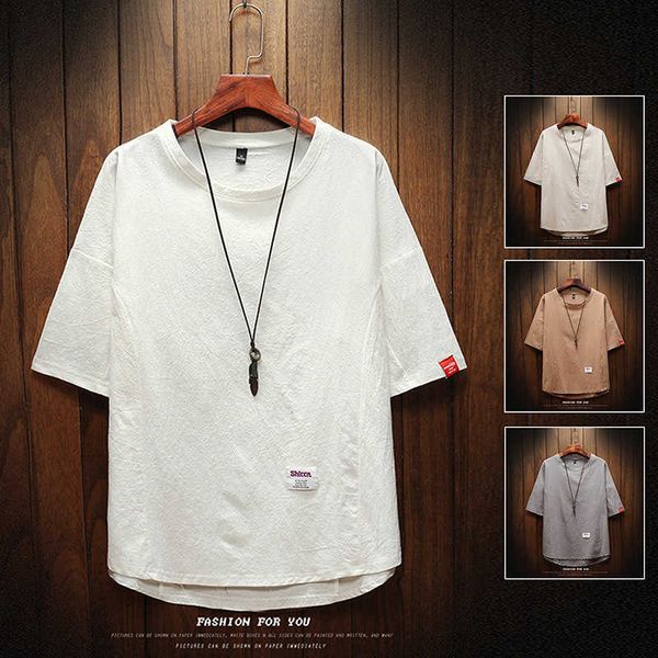 

size summer loose men's splicing trend solid color cotton hemp label casual short sleeve t-shirt, White;black