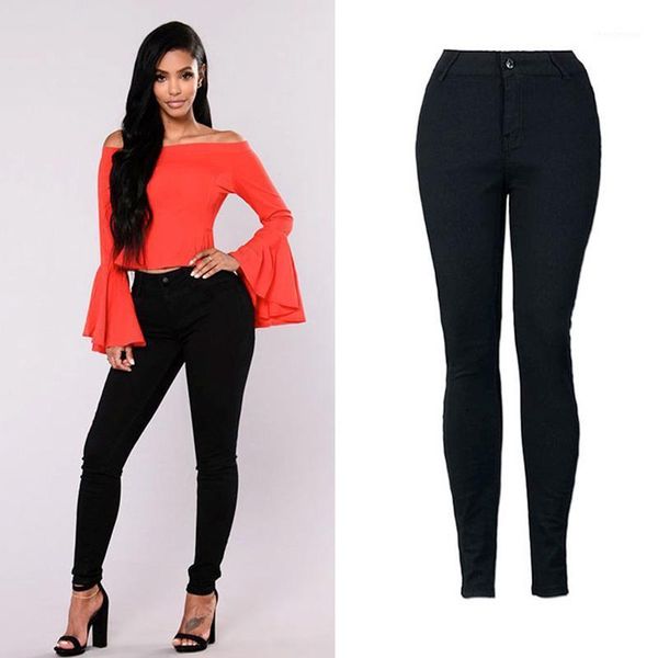 

women's jeans 2021 long women office lady basic classic high waist skinny pencil black denim pants zipper elastic stretch, Blue
