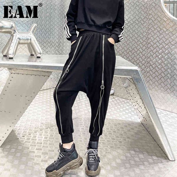 

[eam] high elastic waist black zipper long harem trousers cross pants loose pants women fashion spring autumn 1dd6750 21512, Black;white