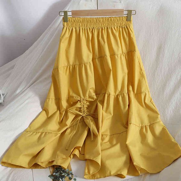 

koean layers of stitching skirt summer elastic waist drawstring lace over the knee korean mid-length women 210420, Black