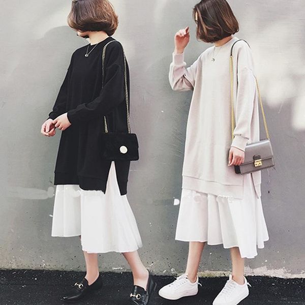 

casual dresses vanovich 2022 spring and autumn korean style women dress solid color cotton ladies big size fake two-piece, Black;gray