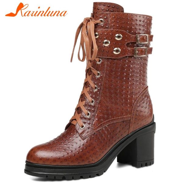 

boots karin brand ladies autumn thick high heels zipper buckle cross tied women genuine leather shoes, Black