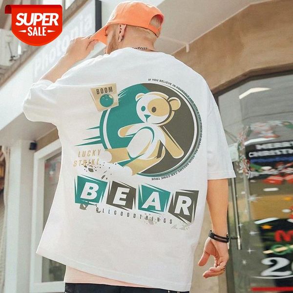 

national tide short-sleeved men's brand t-shirt ins summer trend hip-hop bear chinese style loose couple half-and-half sleeves #uw8h, White;black