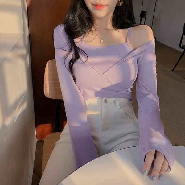 

knits women's solid color tight t-shirt, two-piece suit, in 2021, White