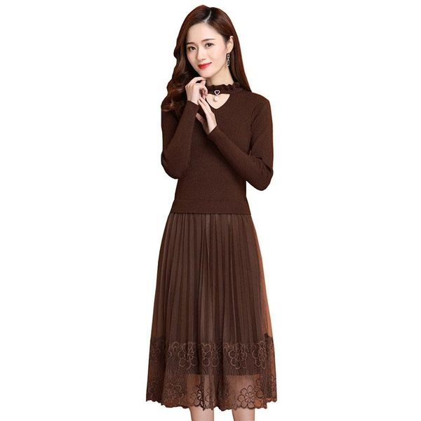 

casual dresses 2021 spring autumn knit dress fashion women long sleeve lace slim thicken sweater bottoming pullover kw67, Black;gray