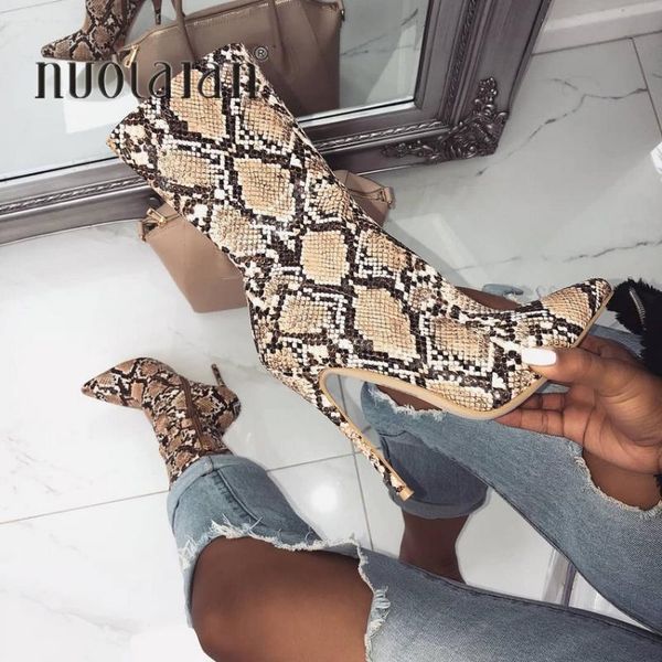 

women ankle boots snake print pointed toe footwear 10.5cm heels female party shoes 2021 winter, Black