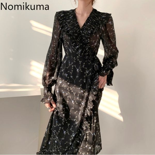 

nomikuma elegant ruffles floral printed dress women v neck long sleeve slim waist vintage dresses female korean style robe 3c354 210514, Black;gray