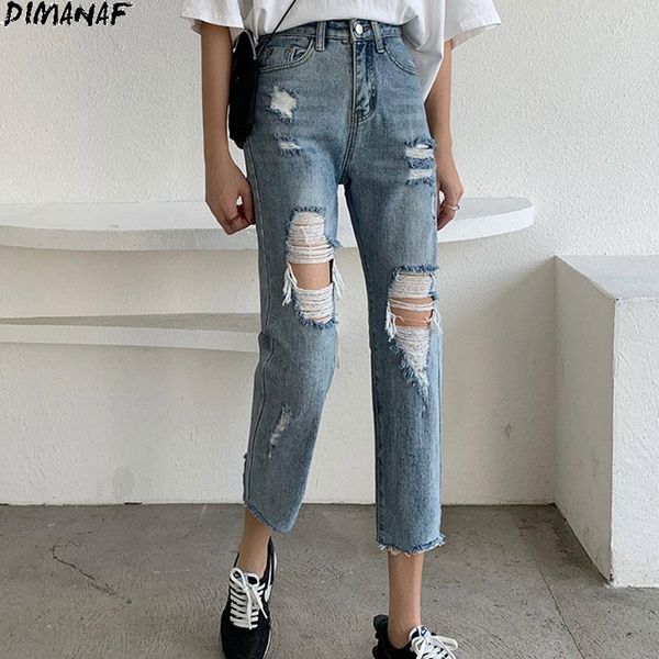 

women's jeans dimanaf plus size women harem hole ripped denim female irregular mid waist trousers large capris 2021 pants oversize 4xl, Blue