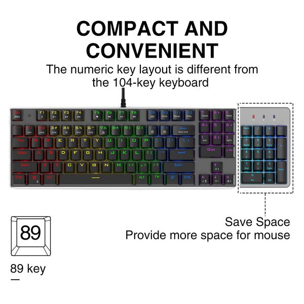 

metoo wired gaming mechanical keyboard backlit 89 key anti-ghosting blue red brown switch number keys for game lappc russian