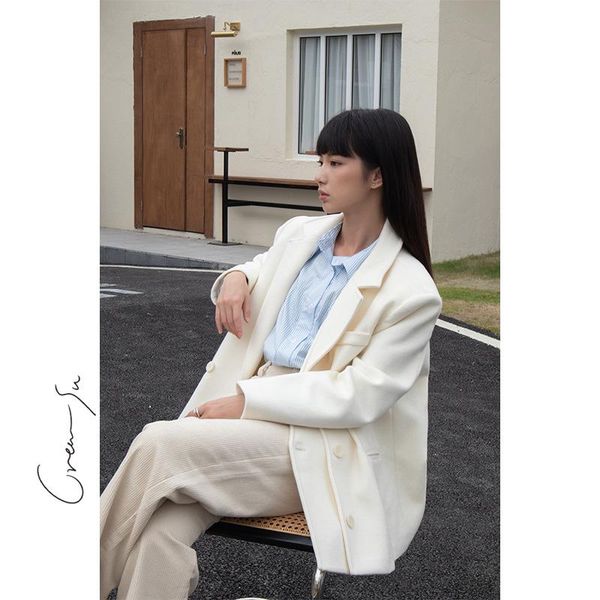 

women's wool & blends creamsu white temperament suit coat for women in autumn and winter, Black