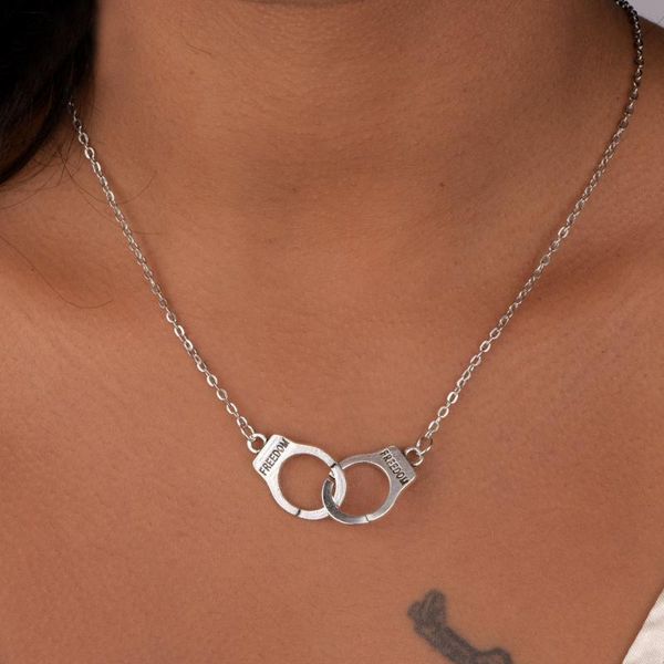 

pendant necklaces punk style jewelry alloy necklace handcuffs buckle chain clavicle personality fashion simple wild sweater, Silver