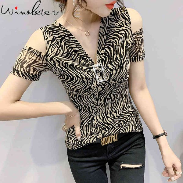 

women's t-shirt summer korean clothes mesh pullover fashion print off shoulder diammonds women short sleeve tees 2021 t1, White