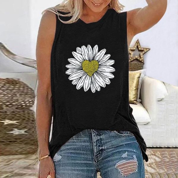 

women's t-shirt sleeveless tee women sunflowers print tank female summer o-neck casual loose vest t shirt 2021 femme, White