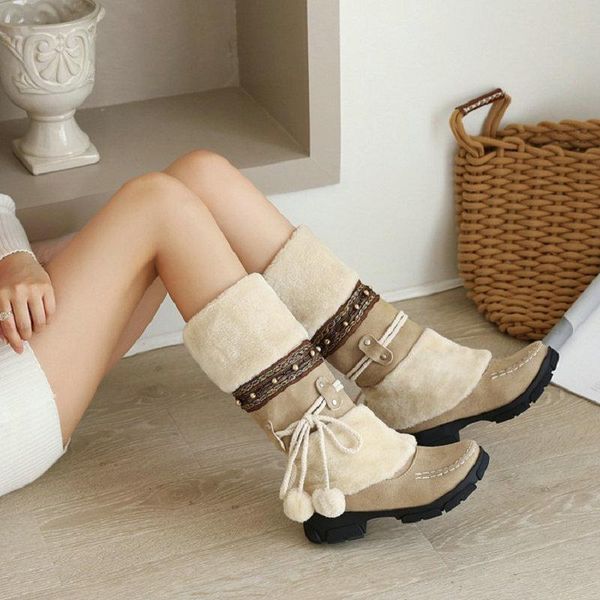 

boots sianie tianie bohemian ethnic western cowboy shoes winter fur plush warm thermal mid-calf womans snow furry with pompom, Black