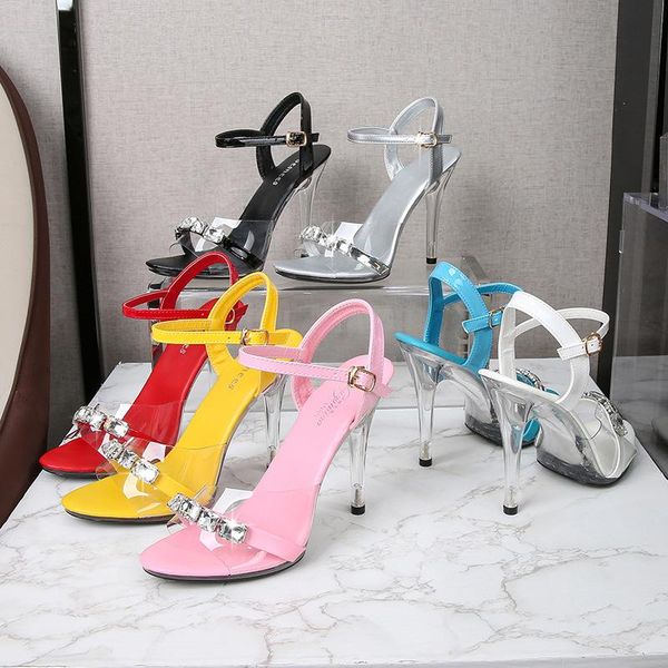 

transparent crystal women footwear summer round toe metal decoration high heels slides lady party plus size sandals, Black
