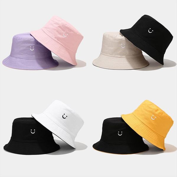 

double sided women bucket hat candy color smile face ladies outdoor travel beach caps fishermen hats korean style cap, Blue;gray