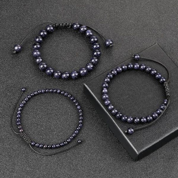 

beaded, strands 4 6 8mm blue sandstone beads bracelets & bangles for women men handmade natural stone braided bracelet shining wrist jewelry, Black