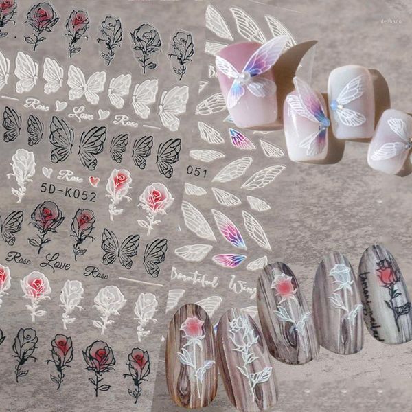 

embossed nail tips stickers decals lace flowers rose leaf butterfly feather japanese art designs wedding decor sa5d-k &1, Black